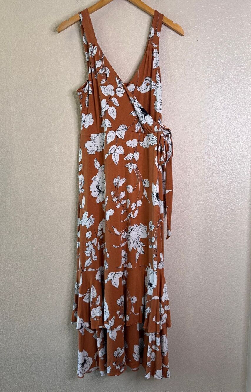 Anthropologie Ruffled Floral Midi Dress Womens Small Faux Wrap Rust Orange Boho - Picture 2 of 15